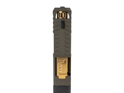 top down photo of IBS upper showing gold barrel port and slide port