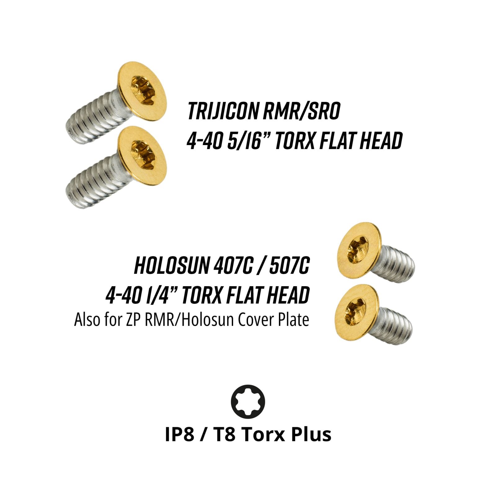 Gold Screws for Trijicon RMR / SRO and Holosun 407c / 507c - 4-40 5/16" and 1/4"