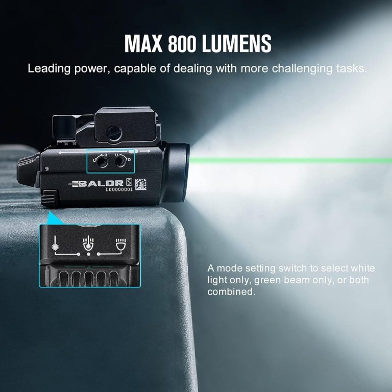 Alt Text/Meta Description: OLIGHT Baldr S weapon light highlighting 800 lumens power and mode setting switch for white light, green laser, or combo modes – rechargeable tactical accessory free with Zaffiri Precision custom pistol slides until July 31, 2025, while supplies last.