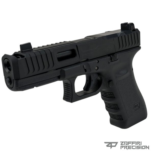 Glock 17 IBS (Integrated Blowhole System) Slide by Zaffiri Precision seen here on a standard OEM Glock 17. This Custom Glock Slide offers extreme recoil impulse control and superior target acquisition