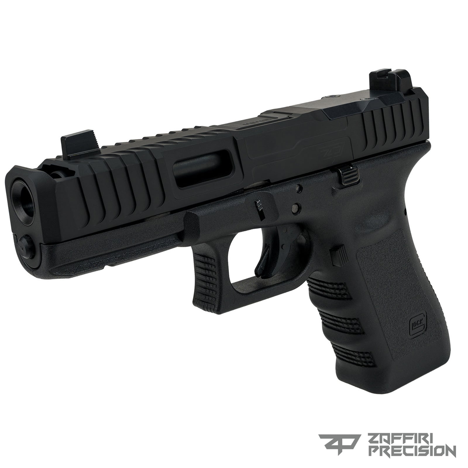Glock 17 IBS (Integrated Blowhole System) Slide by Zaffiri Precision seen here on a standard OEM Glock 17. This Custom Glock Slide offers extreme recoil impulse control and superior target acquisition